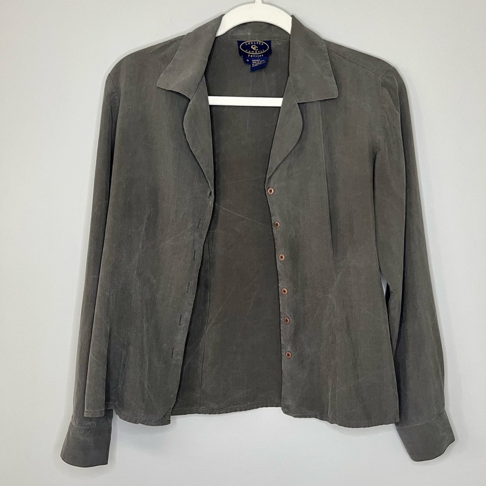 Chelsea Cambell Petites Gray 100% Silk Button Up Blouse Size 8